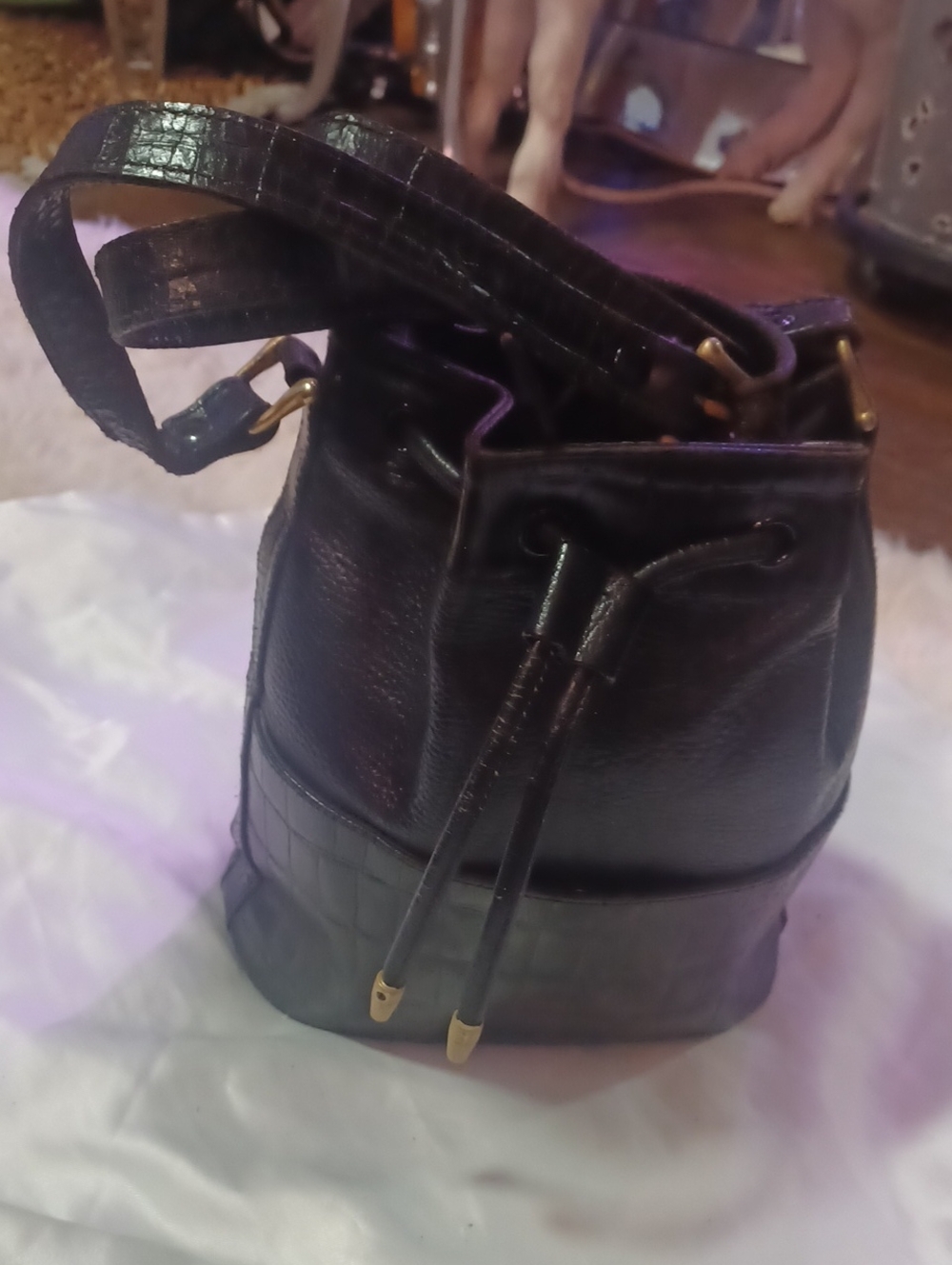Vintage Black Gator/Pebbled Leather Drawstring Bucket Bag